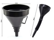 Black plastic funnel with flexible tube for fuel, oil, water with built-in filter 36cm