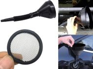 Black plastic funnel with flexible tube for fuel, oil, water with built-in filter 36cm
